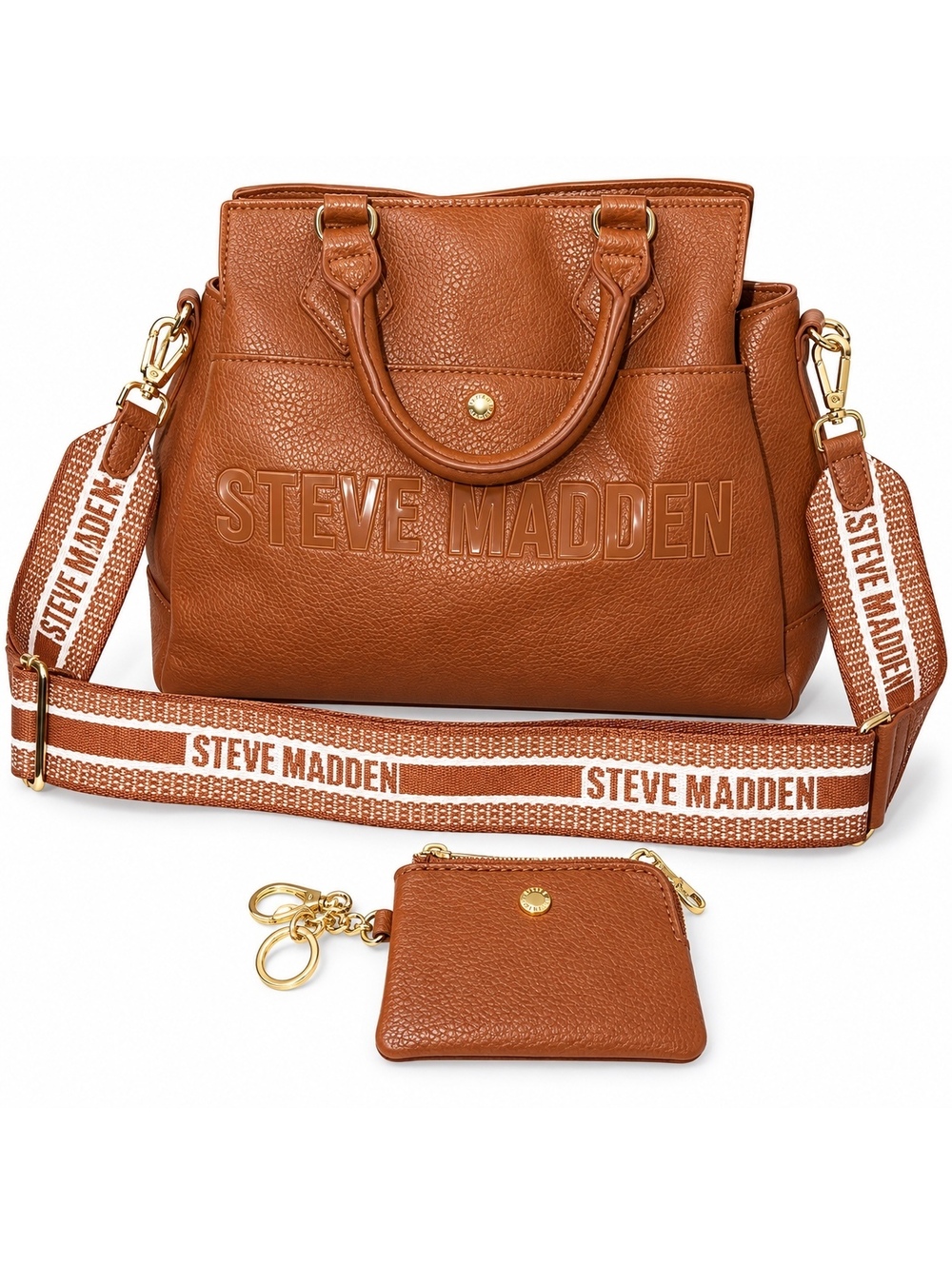 Steve Madden Brown Satchel Handbag Logo Strap Matching Coin Purse 2 Piece Set